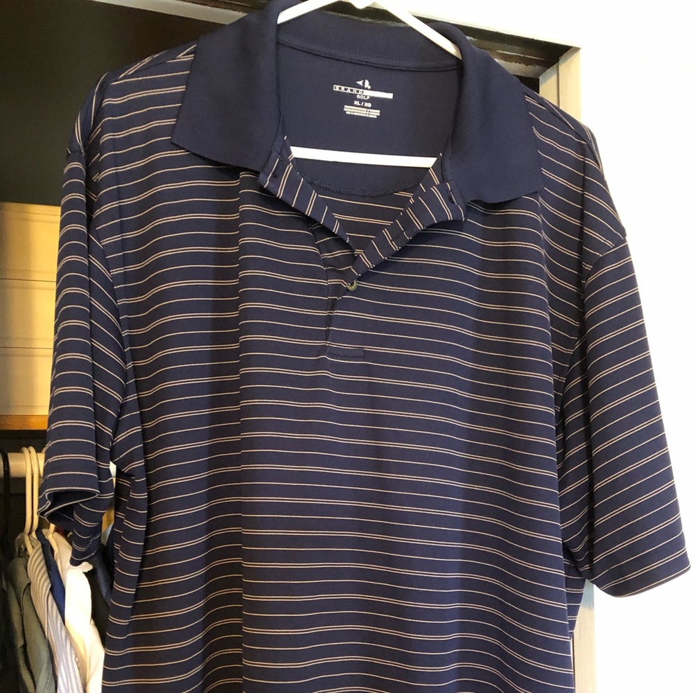 Navy blue polo with gold stripes